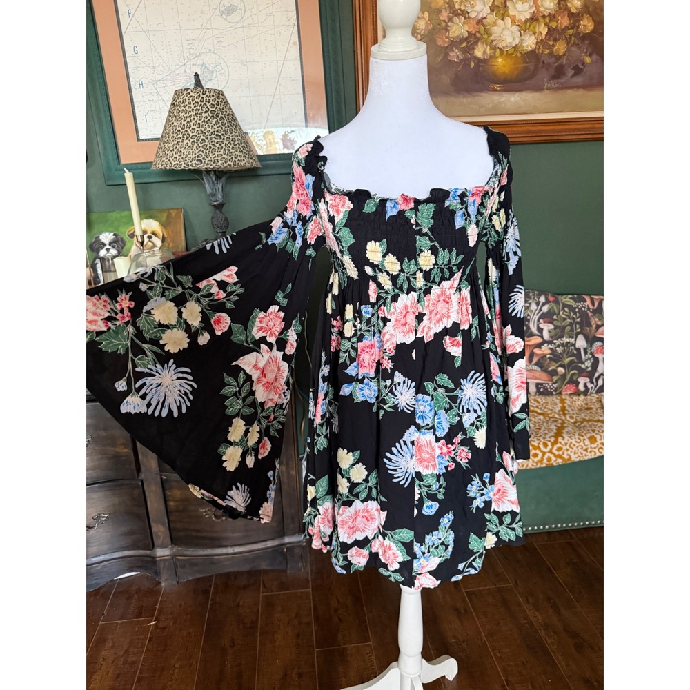 Favlu Black Floral Smocked Off Shoulder Bell Sleeve Boho Mini Dress M - Picture 2 of 7